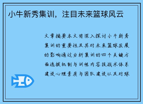 小牛新秀集训，注目未来篮球风云